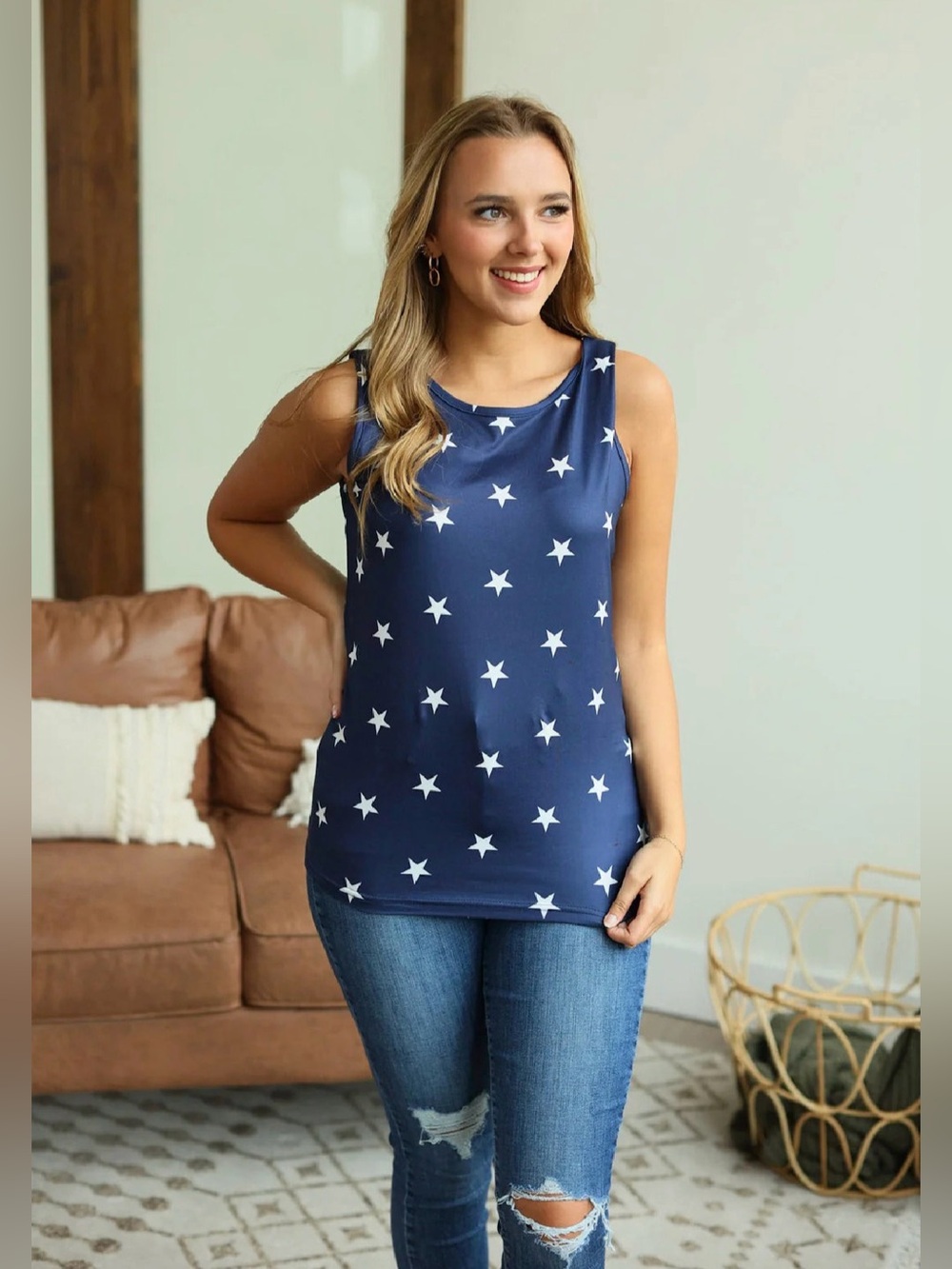 Michelle Mae Classic Crew Tank - Navy Stars